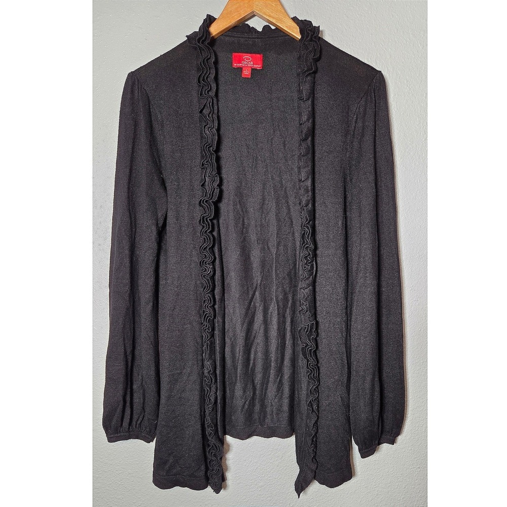Oscar de la Renta Ruffle Open Front Cardigan L Black Witchy Whimsigoth Duster
